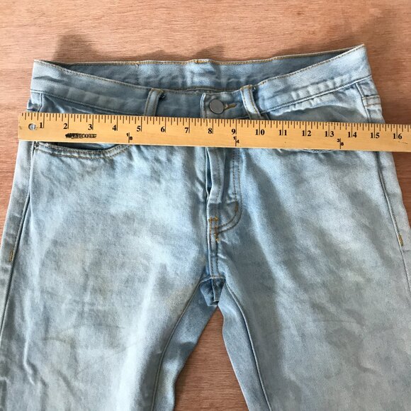 MNML Jeans Men 28x29 Blue Low Rise Raw Hem Distressed Ankle Zip Button Fly Biker - Picture 9 of 15